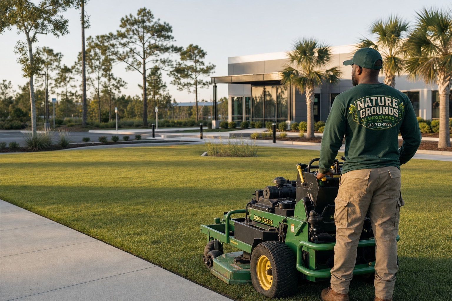Nature Grounds commercial landscaping professional beside green and yellow equipment at a large South Carolina office property